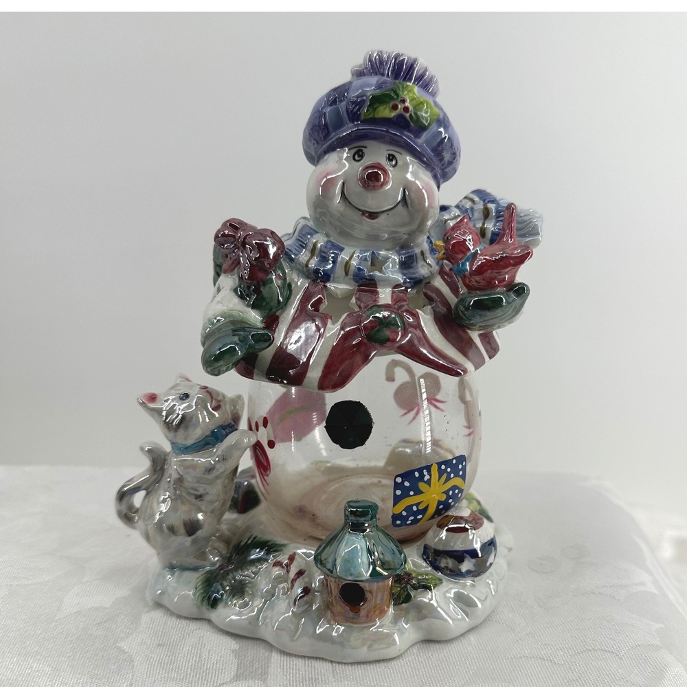 Unbranded Snowman Candle Holder Multicolor Good Ceramic Glass 2-Piece Holiday